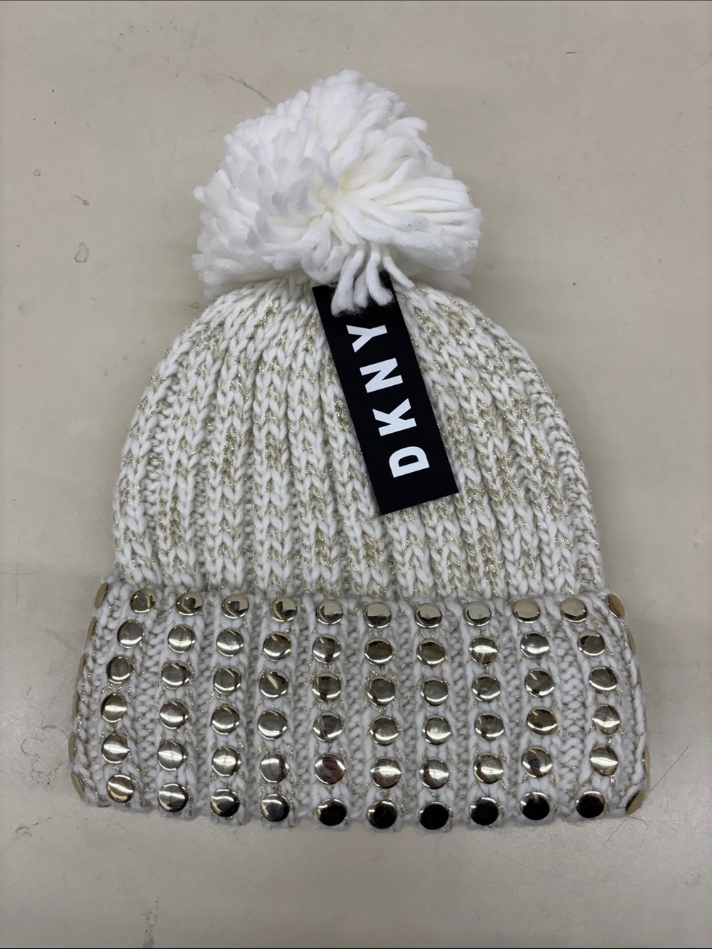 NWT DKNY White Knit Pom Beanie with Gold Studded Cuff